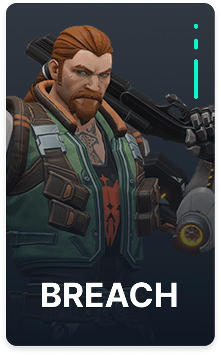 Portret van Valorant-agent Breach, die de krachtige initiator met mechanische armen en gevechtsklare houding laat zien.
