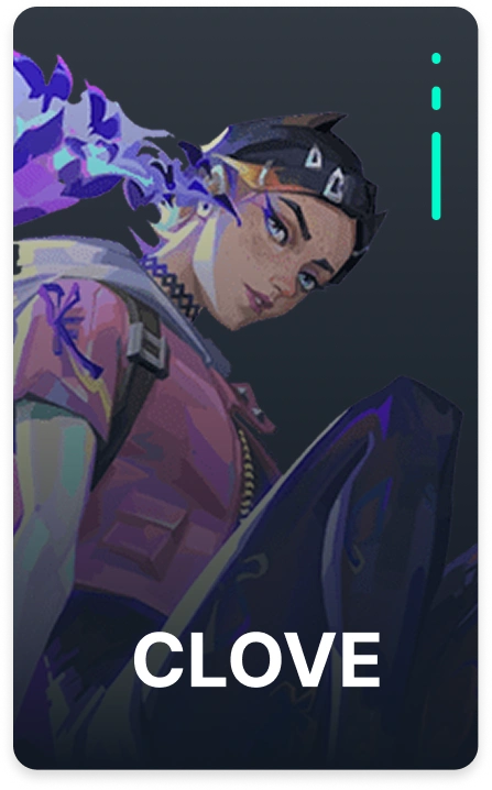 Portret van Valorant-agent Clove met paarse energie-effecten en een moderne duellist-uitstraling.