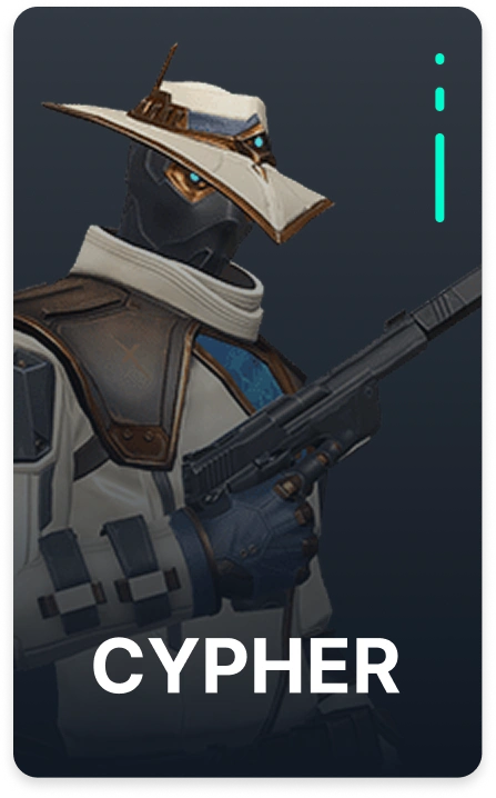 Portret van Valorant-agent Cypher, die de gemaskerde bewaker met surveillance-thema en tactische uitrusting toont.