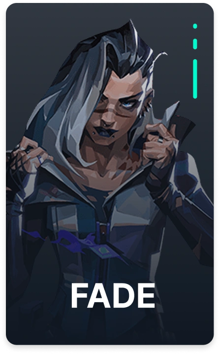 Valorant-agent Fade, met donker haar en schaduwrijke vaardigheden, weergegeven in een sombere blauwe interface.