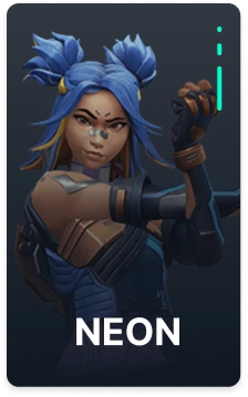 Portret van Valorant-agent Neon, die de snelle duelist met elektrisch blauw haar en dynamische pose in de spotlight zet.
